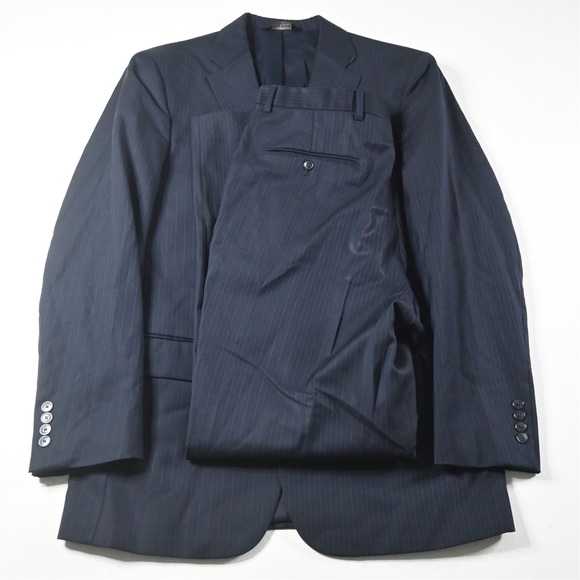 Jos A Bank 40L 33x32 Navy Blue Striped 100% Wool Mens Jacket Pants Suit